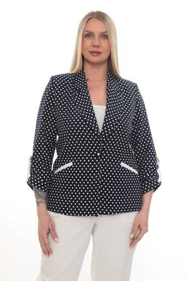  This elegant black jacket is specially designed for plus-size women. It features stylish white polka dot patterns that make it stand out and look sophisticated. The fabric content of the jacket is 95% cotton and 5% lycra, giving it a comfortable and stretchy structure. The product is available in sizes 42, 44, 46, and 48. It also has two front pocket details, combining elegance and practicality. With its long sleeves, it can be comfortably worn during seasonal transitions.