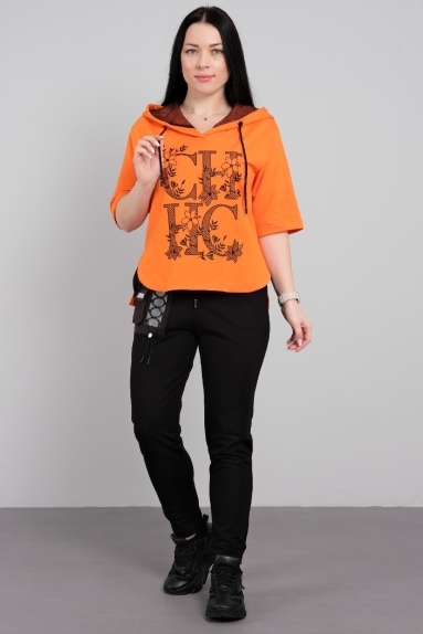  This two-piece set is designed for petites women and offers a comfortable and stylish option. The top part is orange with black floral patterns and the word 