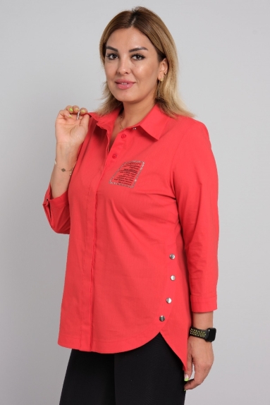 Women's shirt with text print and button detail on the sides