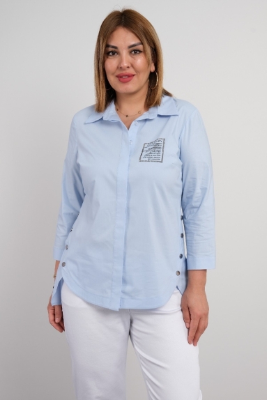  For plus size women, a long-sleeved blue shirt with button details on the sides and stone embroidery on the front and back.