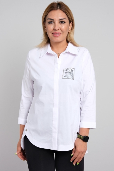 Women's shirt with text print and button detail on the sides